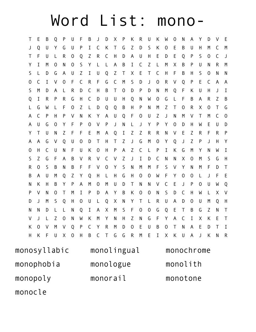 Word List: mono- Word Search