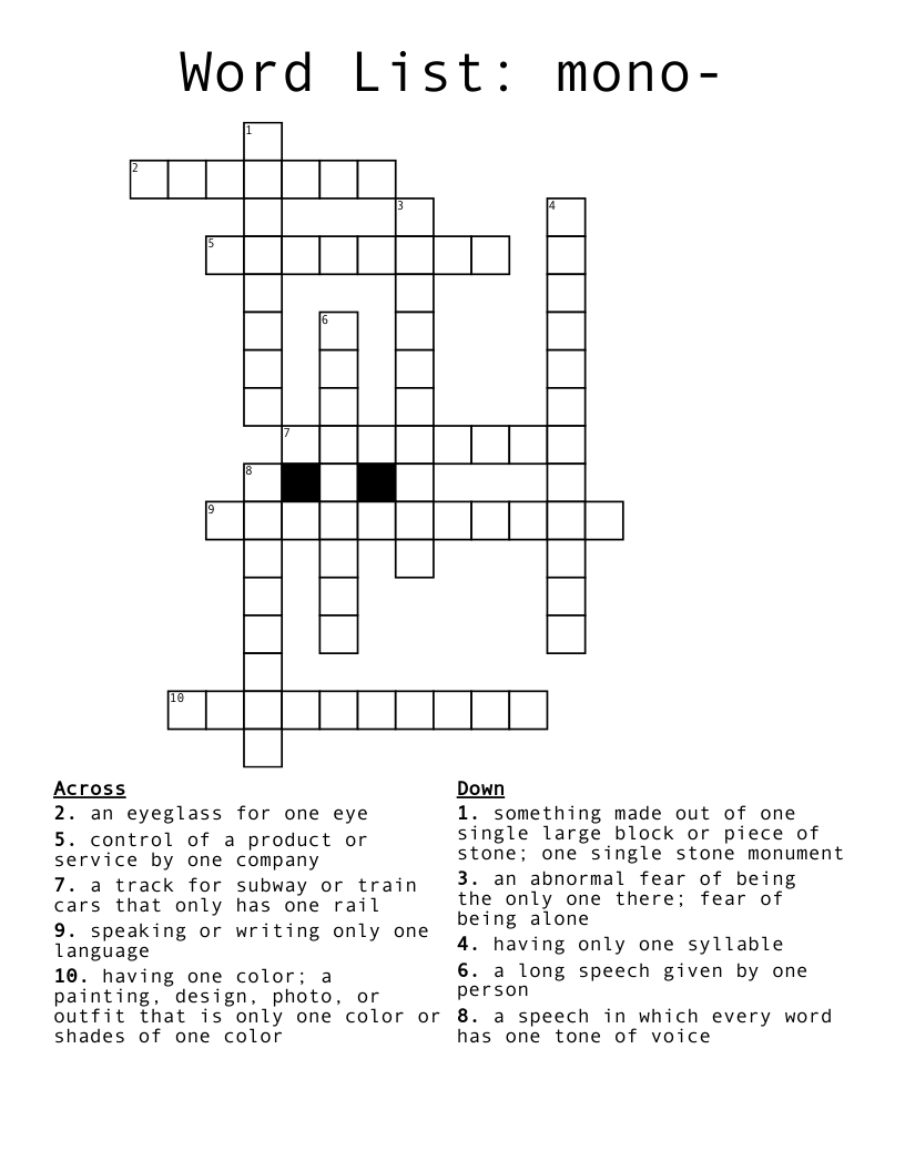 Word List: mono- Crossword