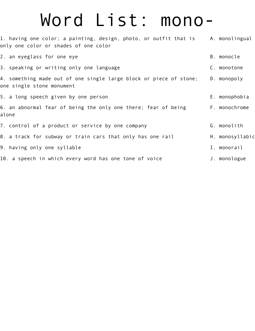 Word List: mono- Worksheet