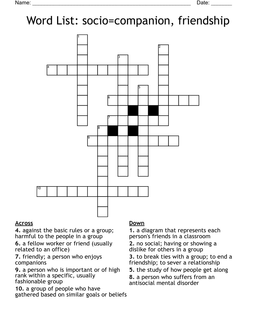 Word List: socio=companion, friendship Crossword