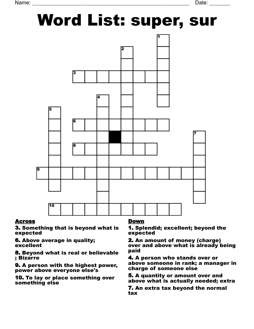 Word List: super, sur Crossword