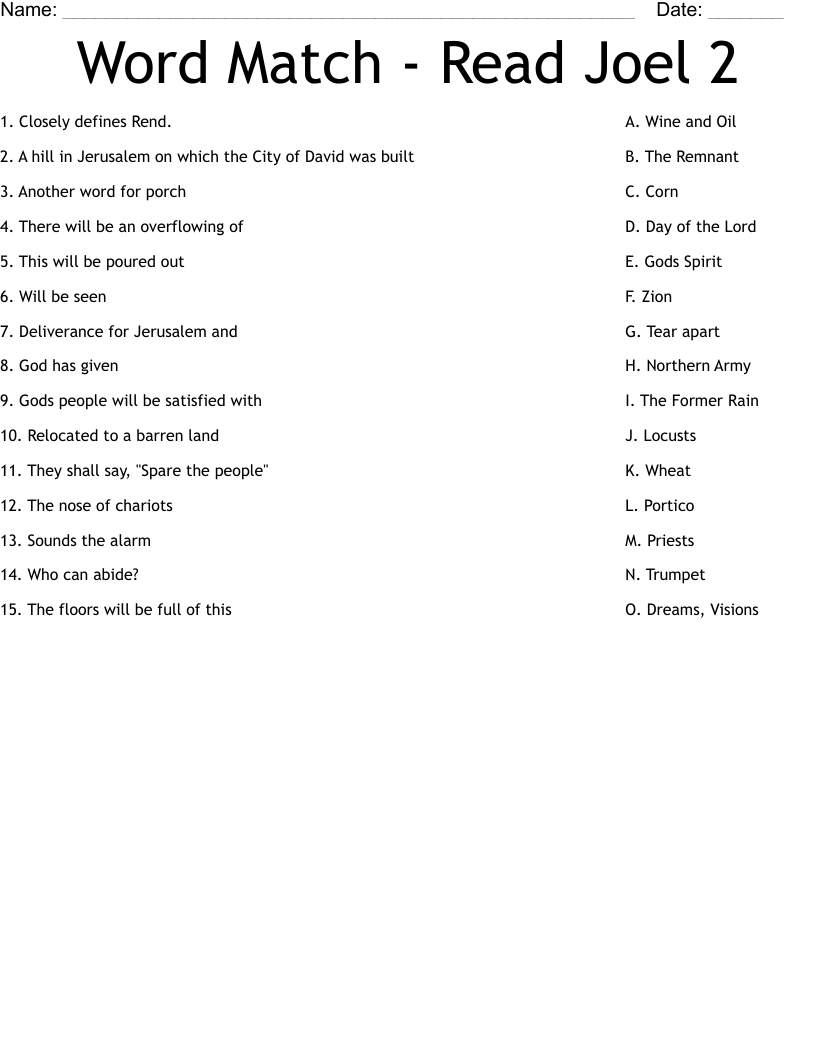 Word Match - Read Joel 2 Worksheet