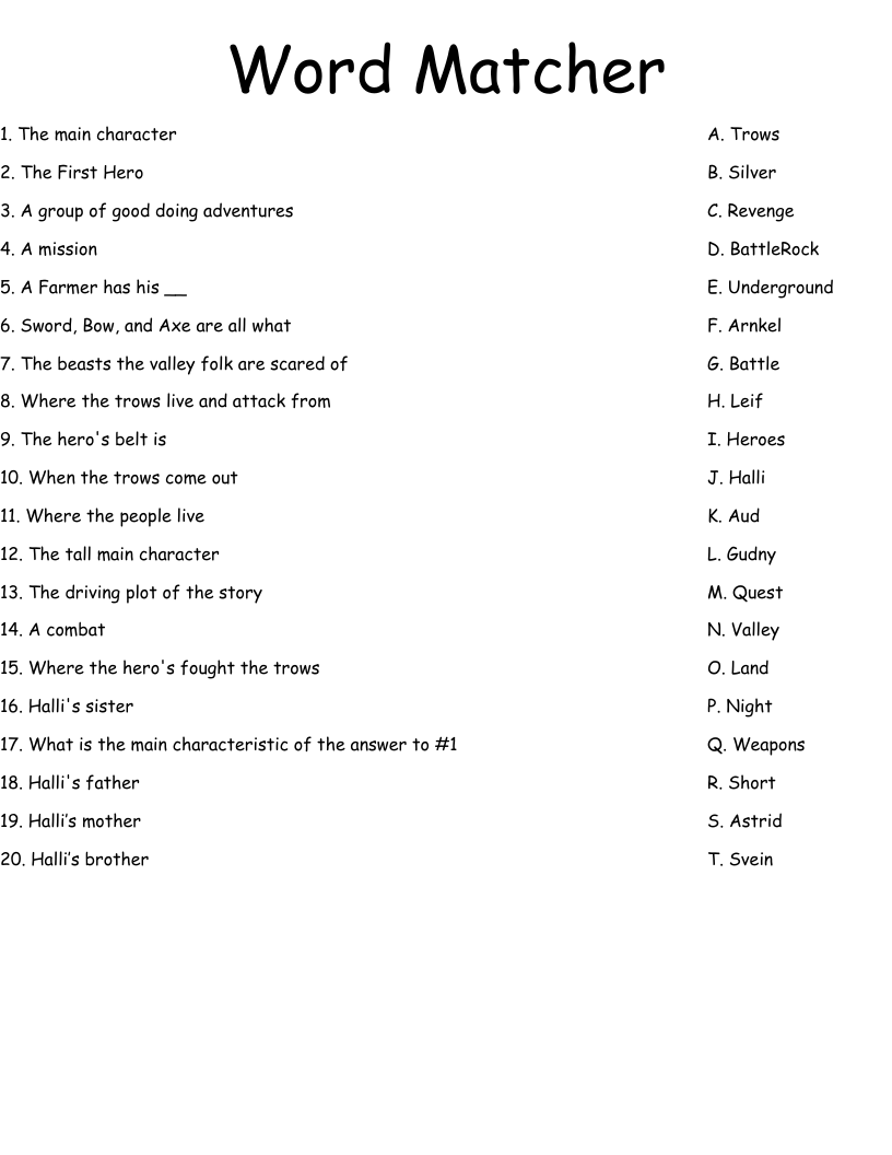 Word Matcher Worksheet