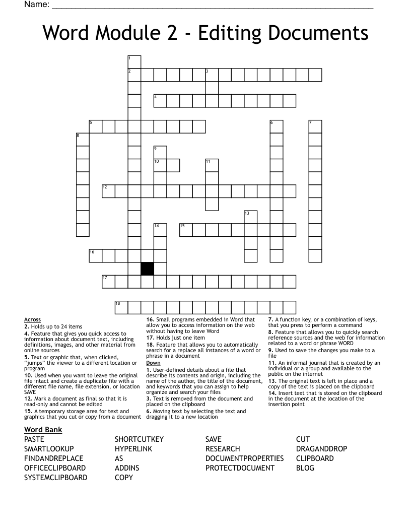 Word Module 2 - Editing Documents Crossword