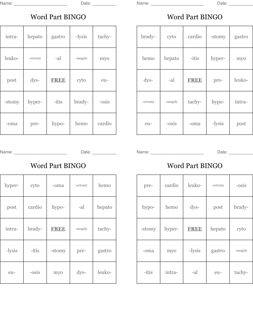 Word Part BINGO