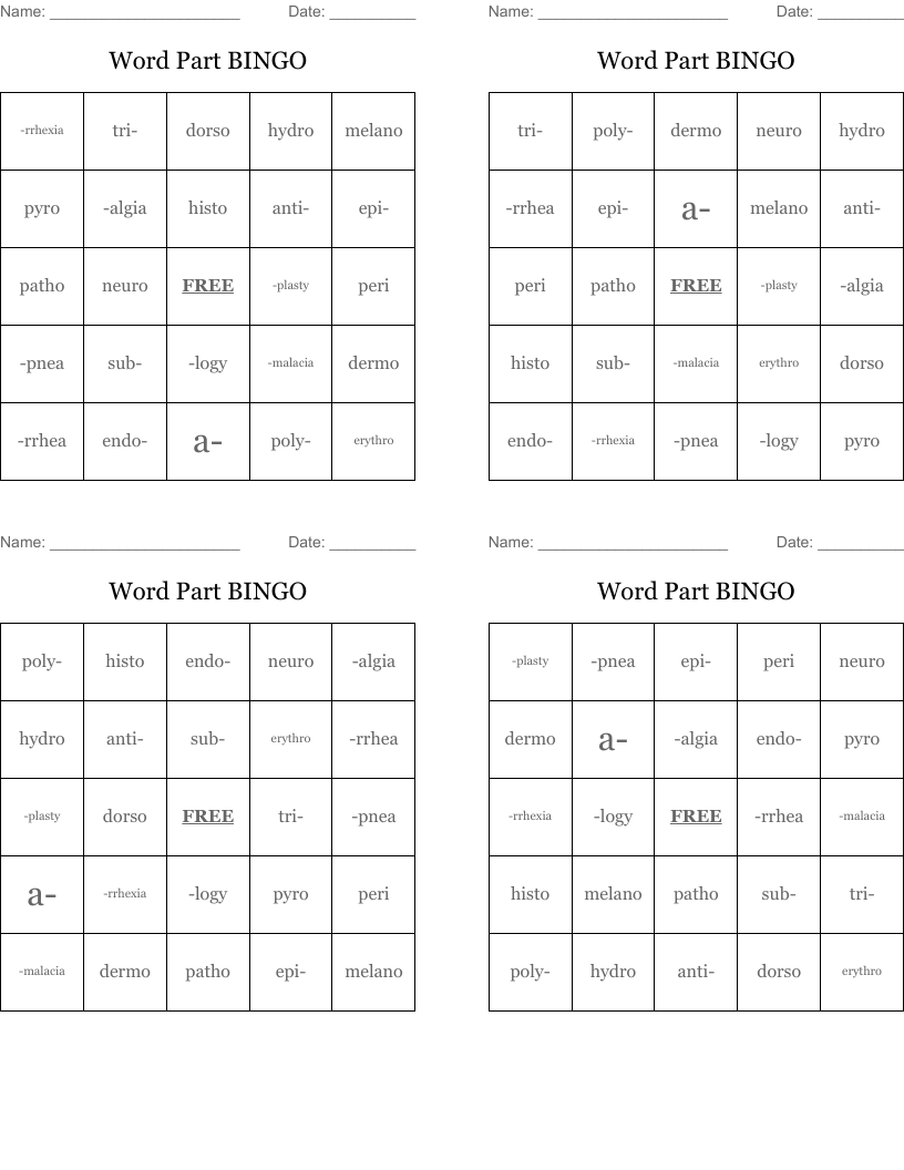 Word Part BINGO