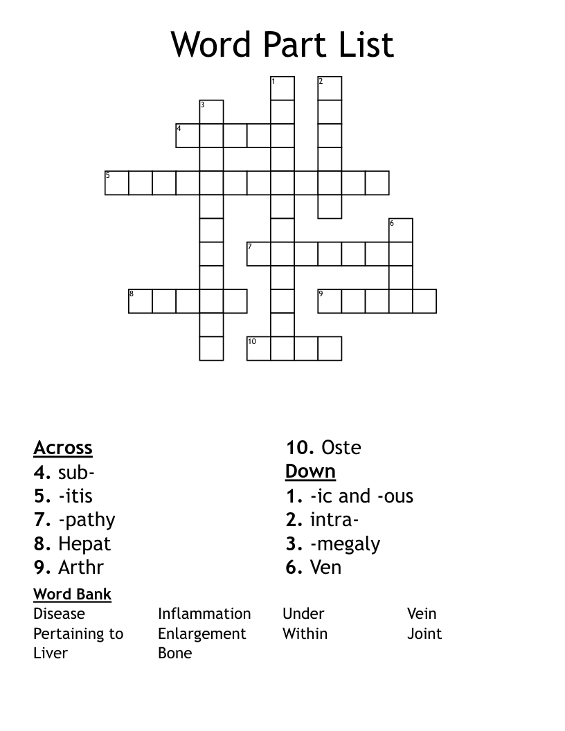 Word Part List Crossword