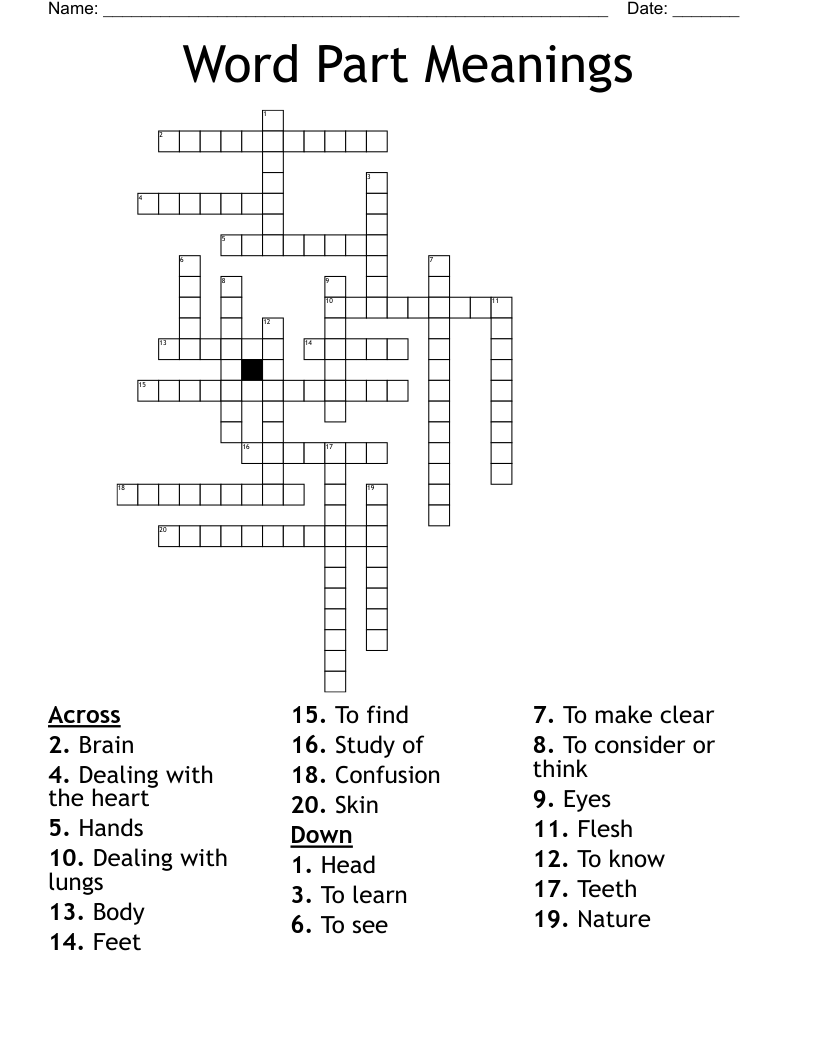 Word Part Meanings Crossword