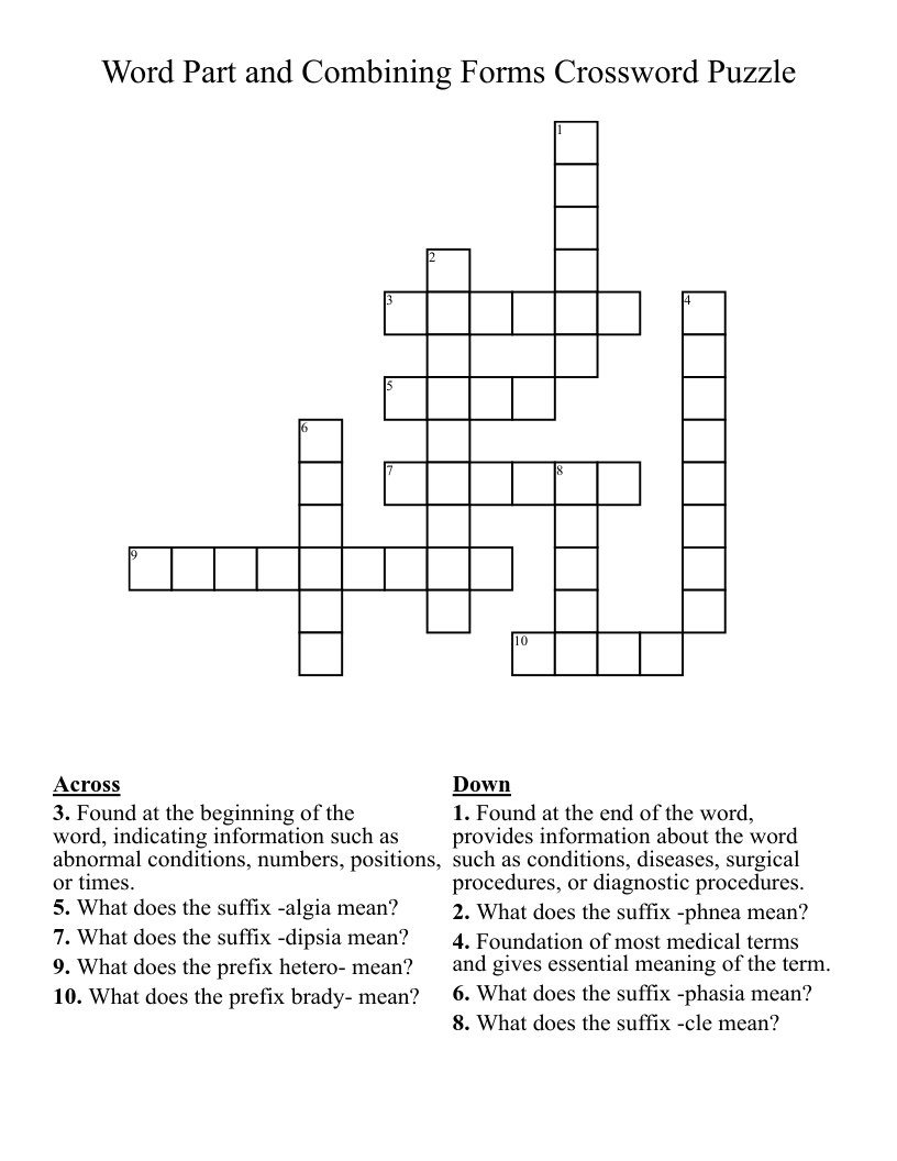 Word Part and Combining Forms Crossword Puzzle  