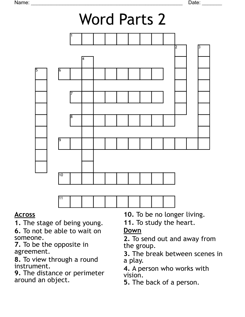 Word Parts 2 Crossword