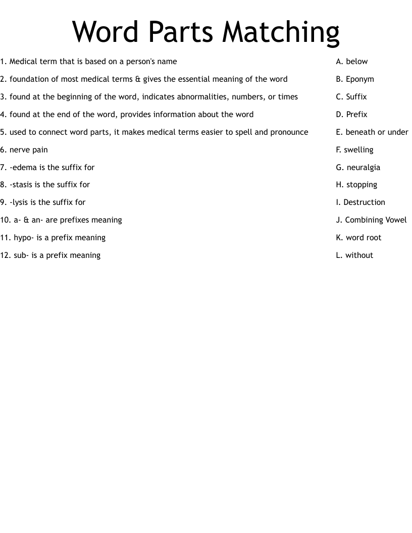 Word Parts Matching  Worksheet