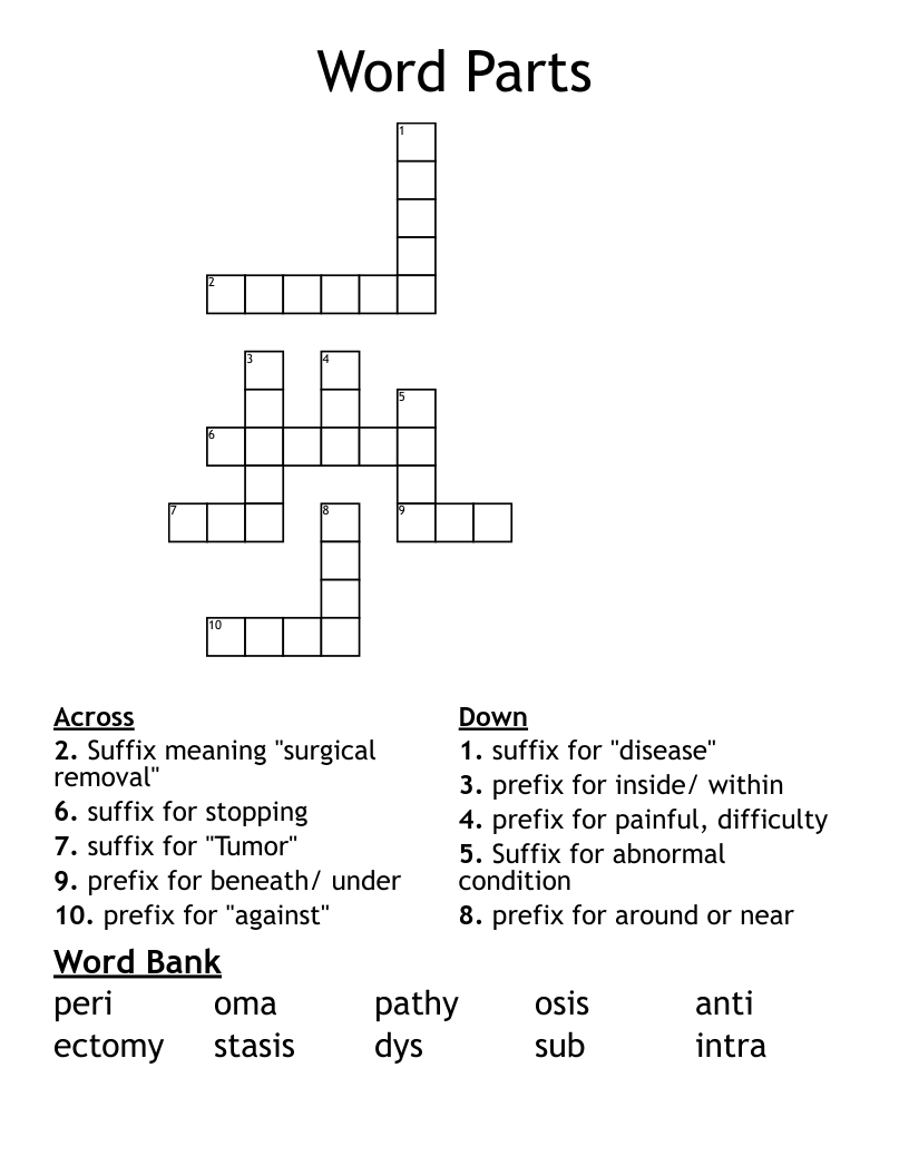 Word Parts  Crossword