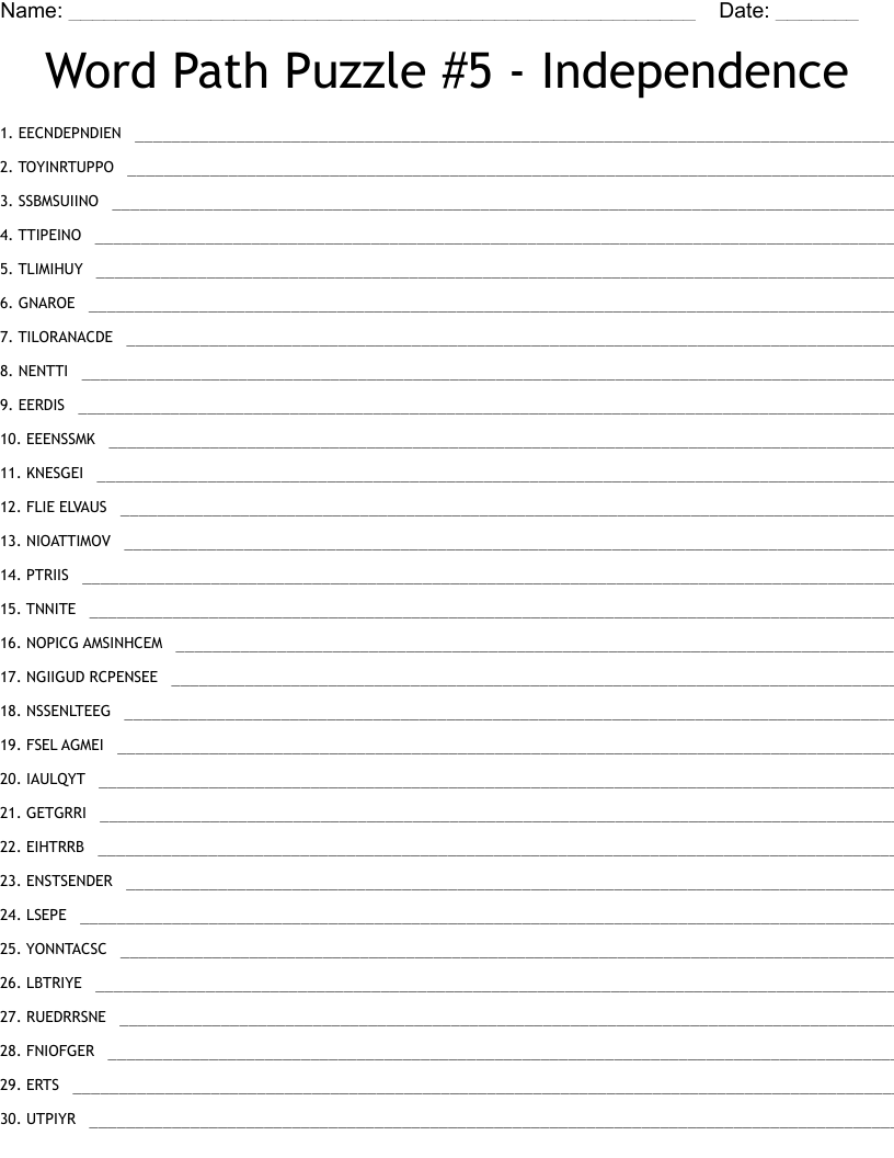 Word Path Puzzle #5 - Independence Word Scramble