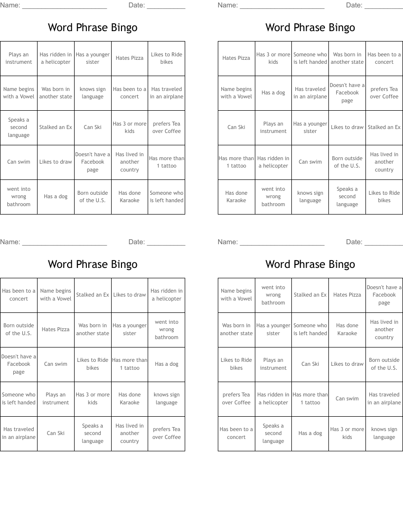 Word Phrase Bingo