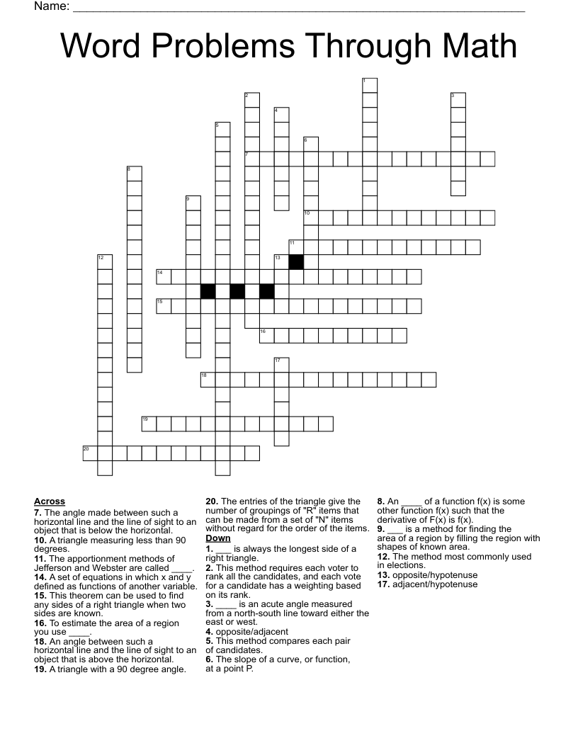 Word Problems Through Math Crossword