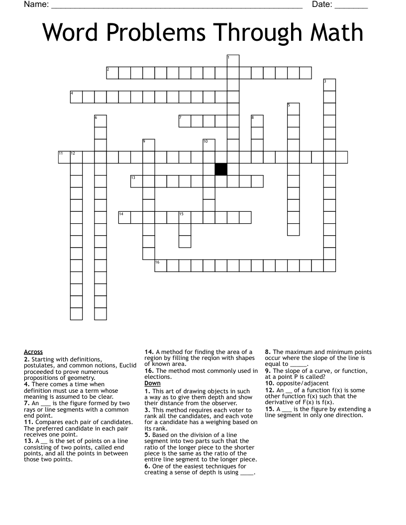 Word Problems Through Math Crossword