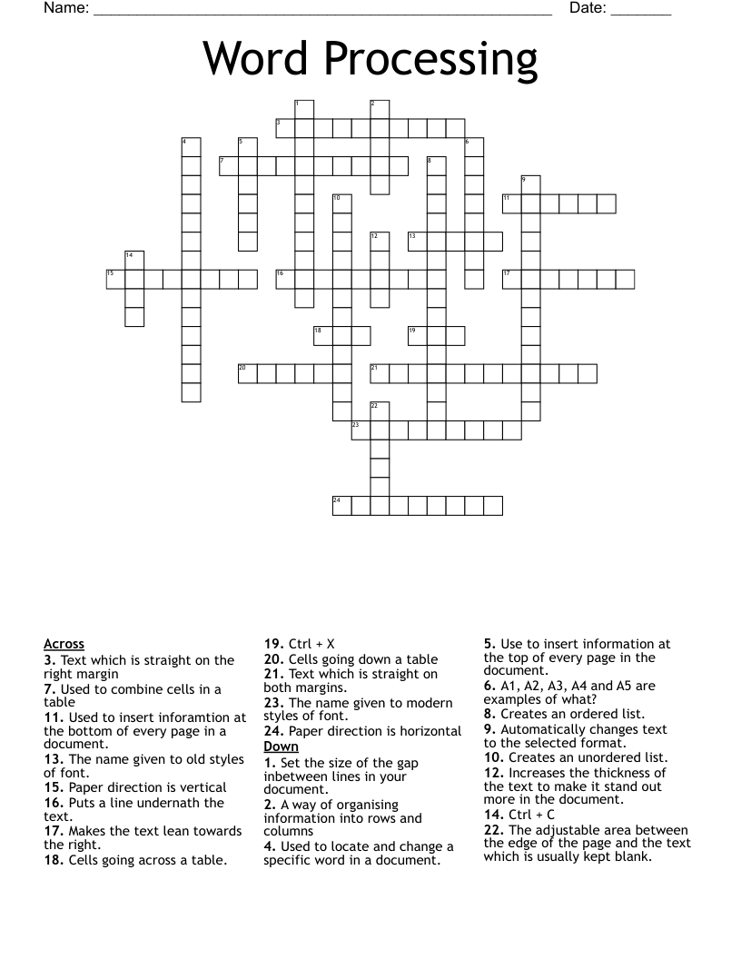 Word Processing Crossword