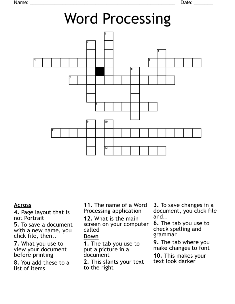 Word Processing Crossword
