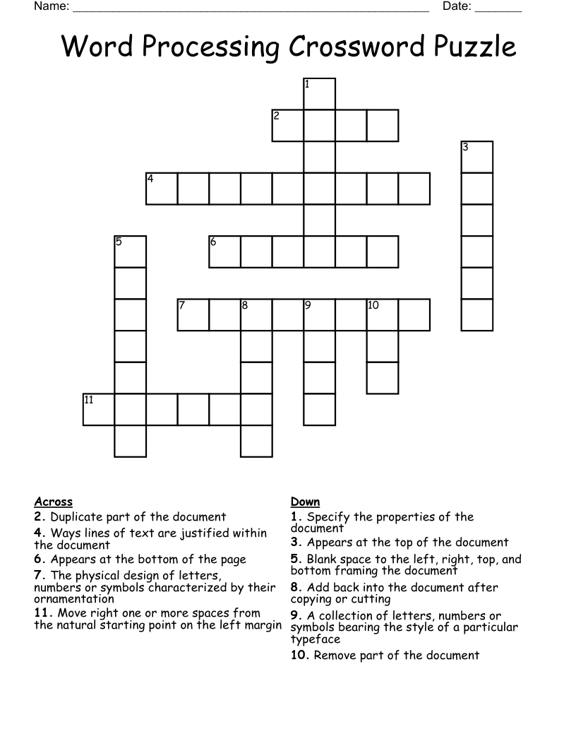 Word Processing Crossword Puzzle