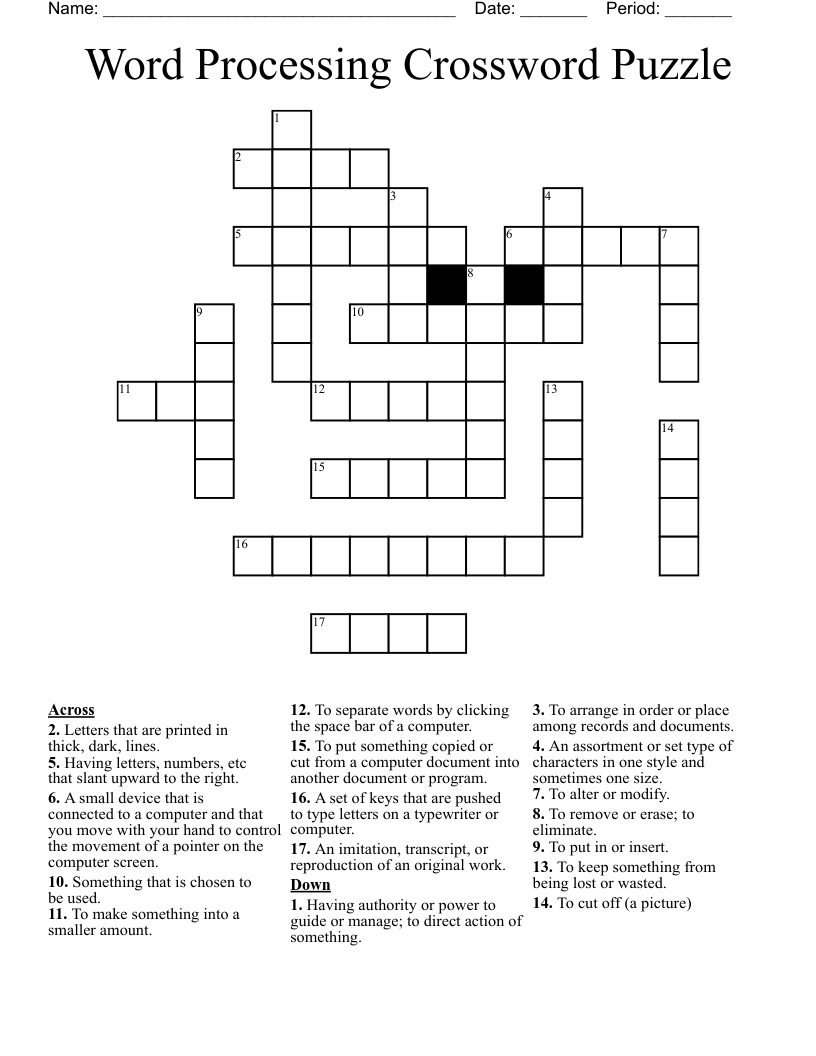 Word Processing Crossword Puzzle