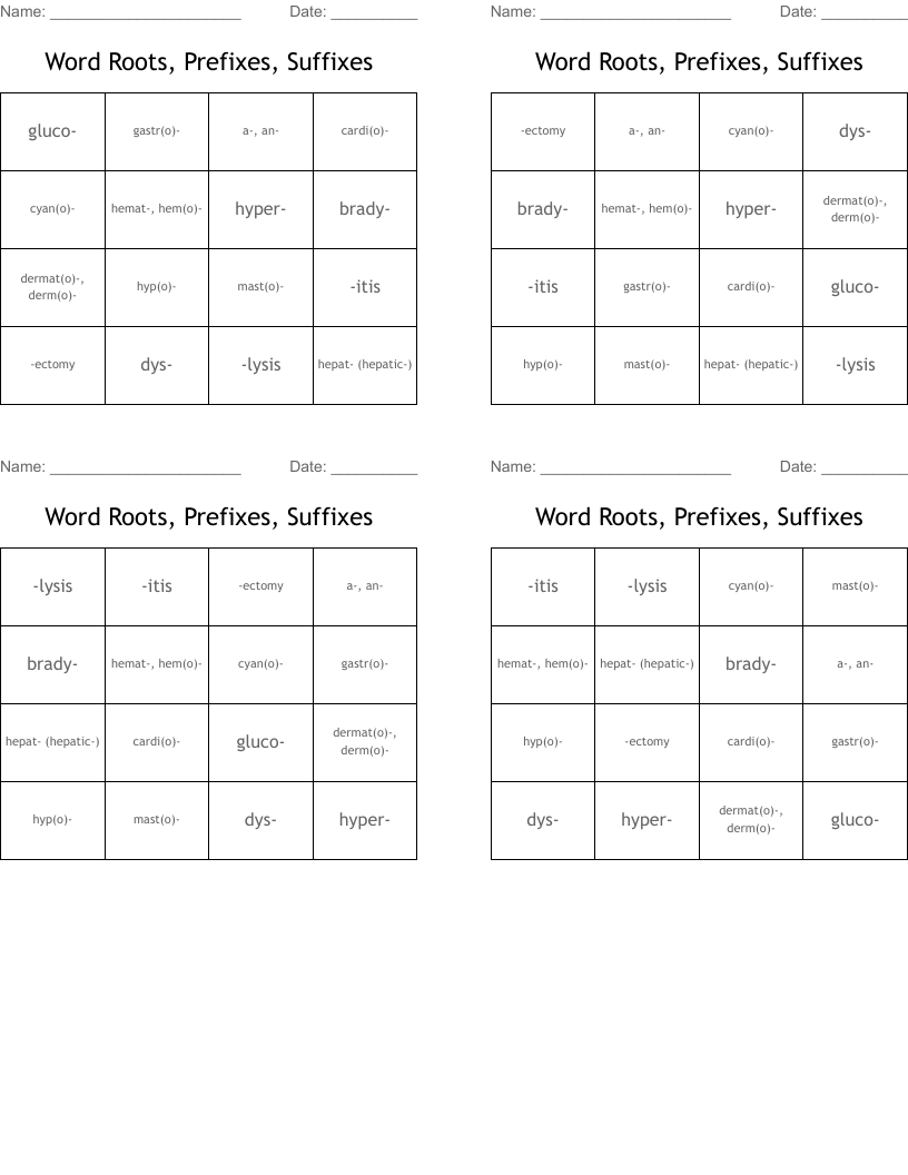 Word Roots, Prefixes, Suffixes Bingo Cards