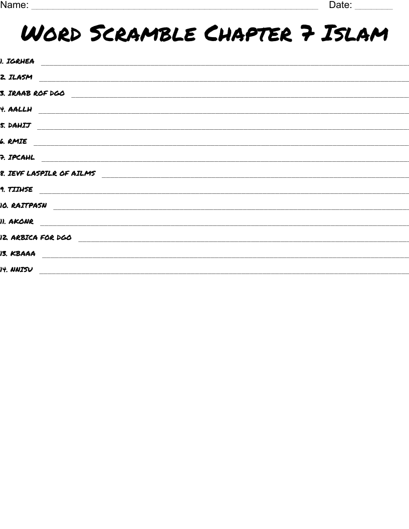Word Scramble Chapter 7 Islam