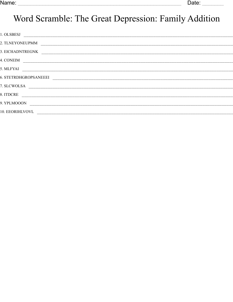 Word Scramble: The Great Depression: Family Addition 