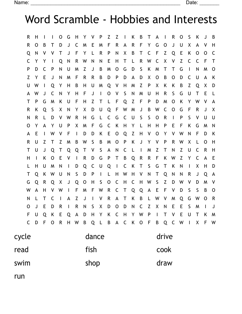 Word Scramble - Hobbies and Interests Word Search