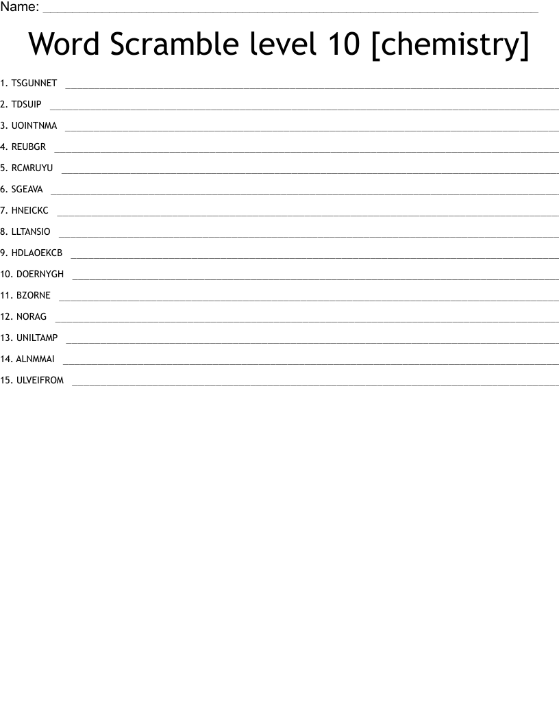 Word Scramble level 10 [chemistry]