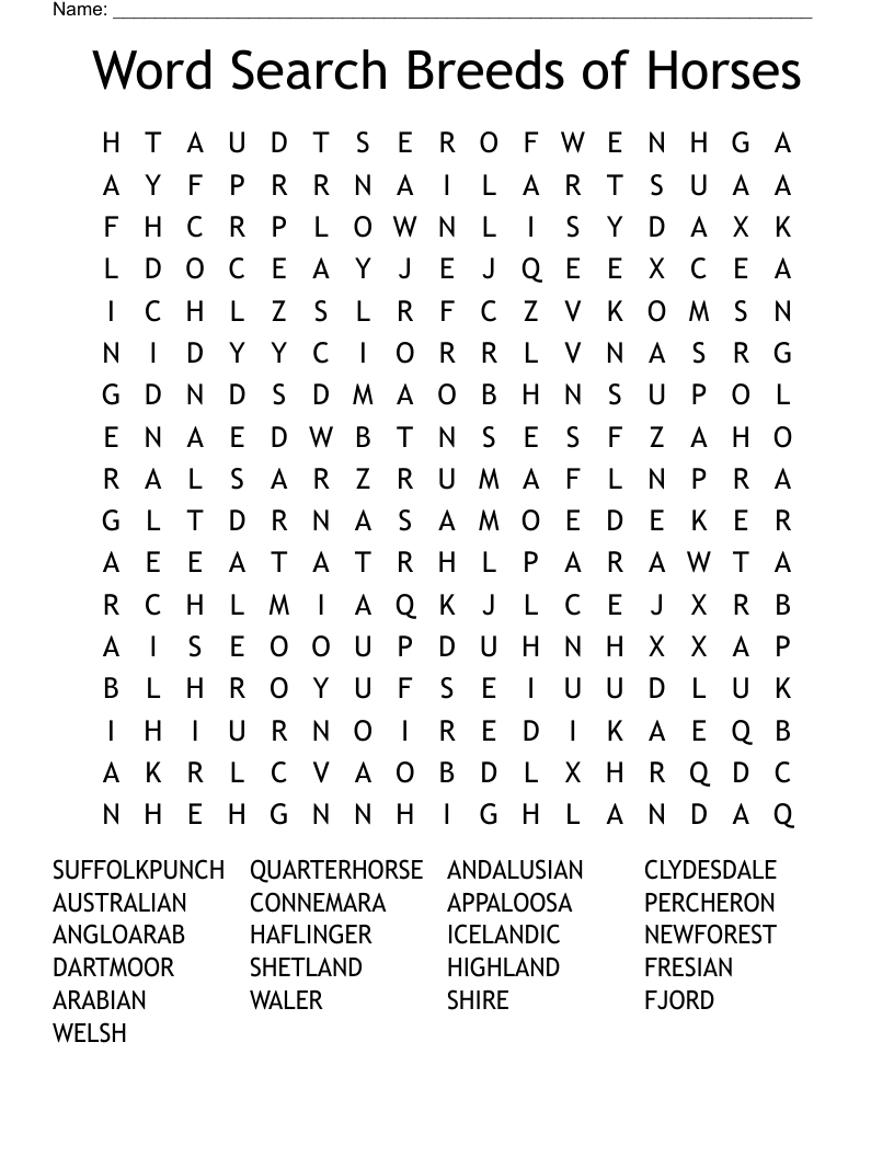Word Search Breeds of Horses