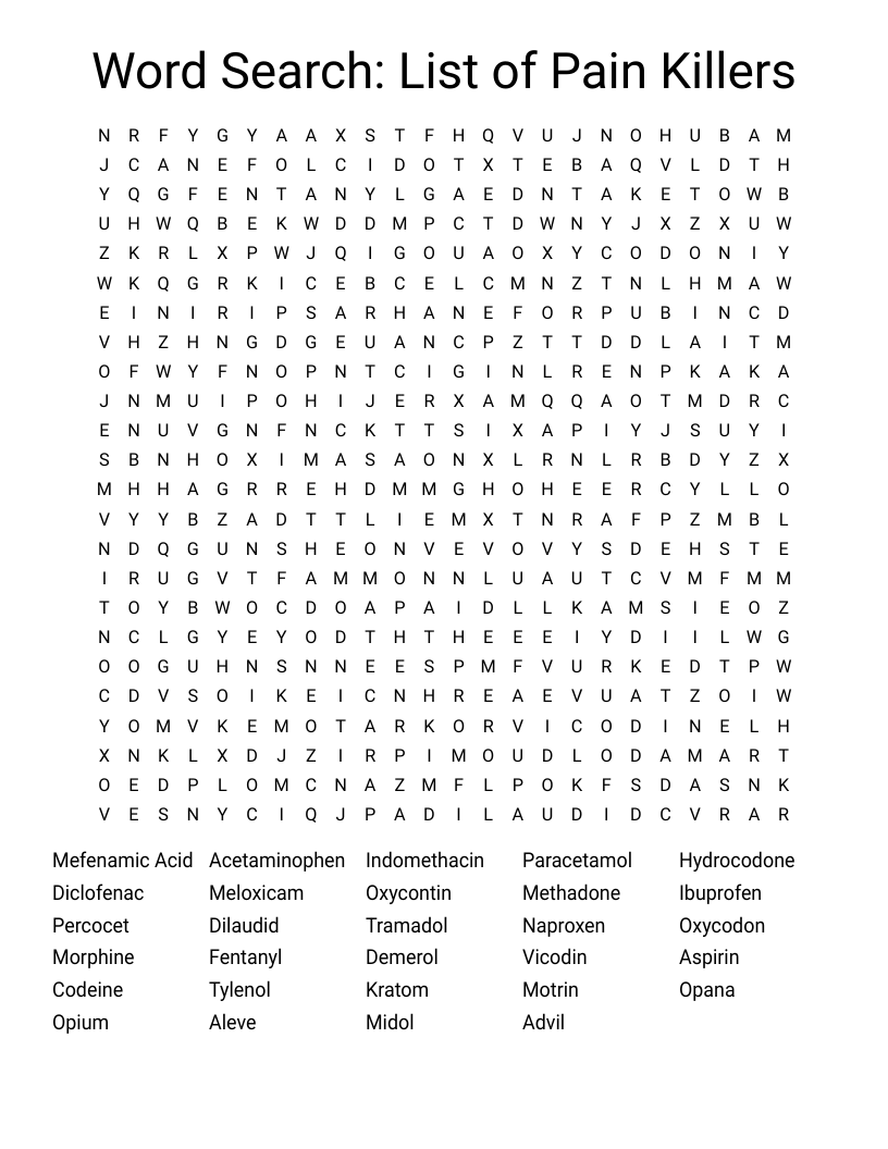 Word Search: List of Pain Killers