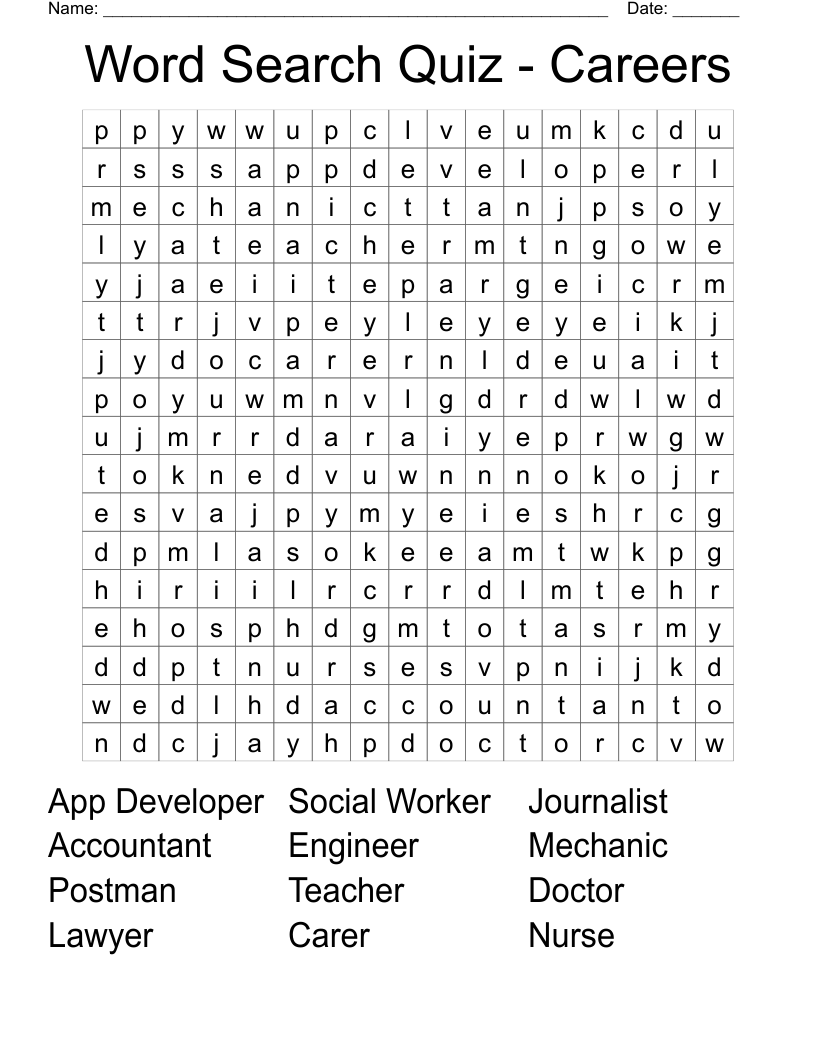 Word Search Quiz - Careers