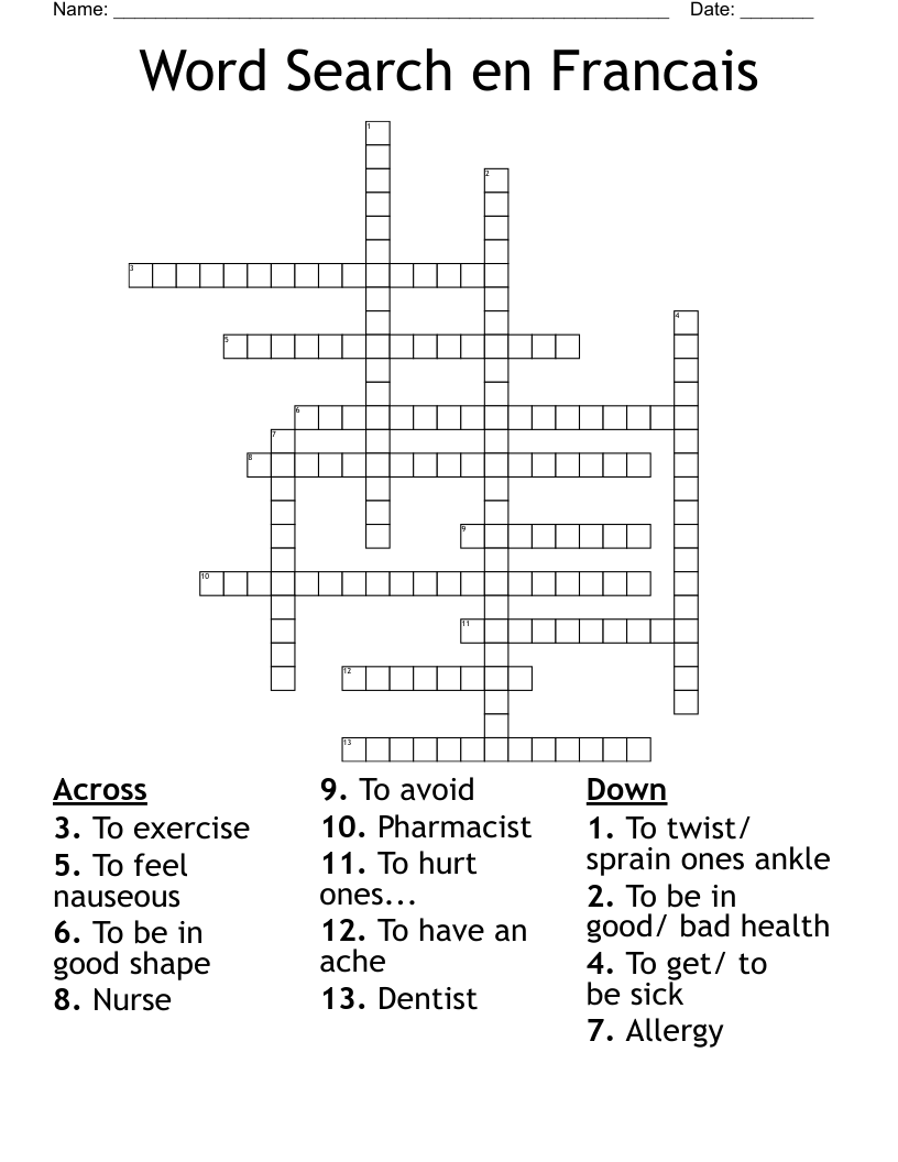 Word Search en Francais Crossword