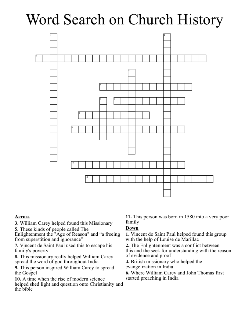 Word Search on Church History Crossword