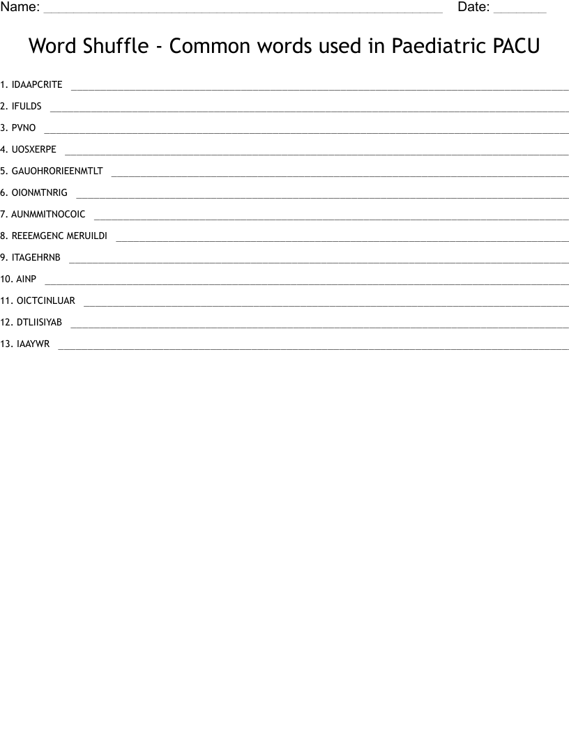 Word Shuffle - Common words used in Paediatric PACU Word Scramble