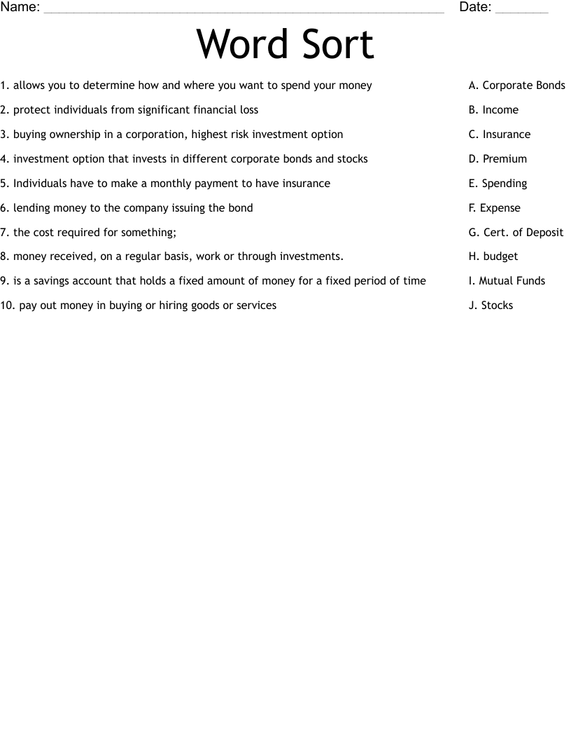 Word Sort Worksheet
