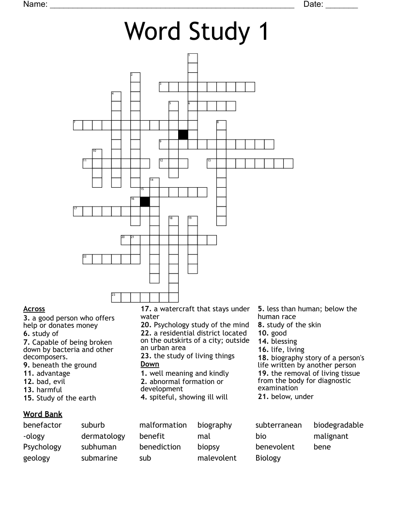 Word Study 1 Crossword