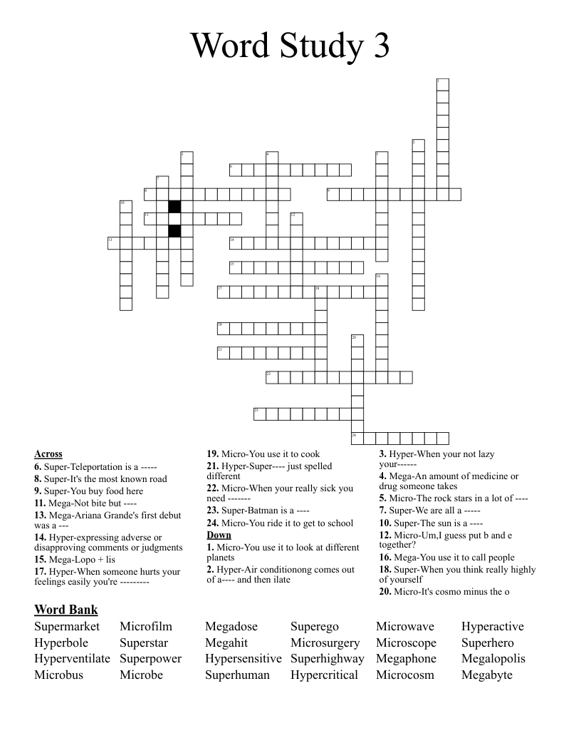 Word Study 3 Crossword