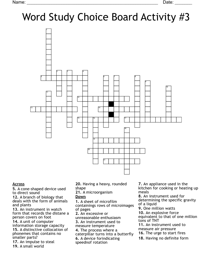 Word Study Choice Board Activity #3 Crossword