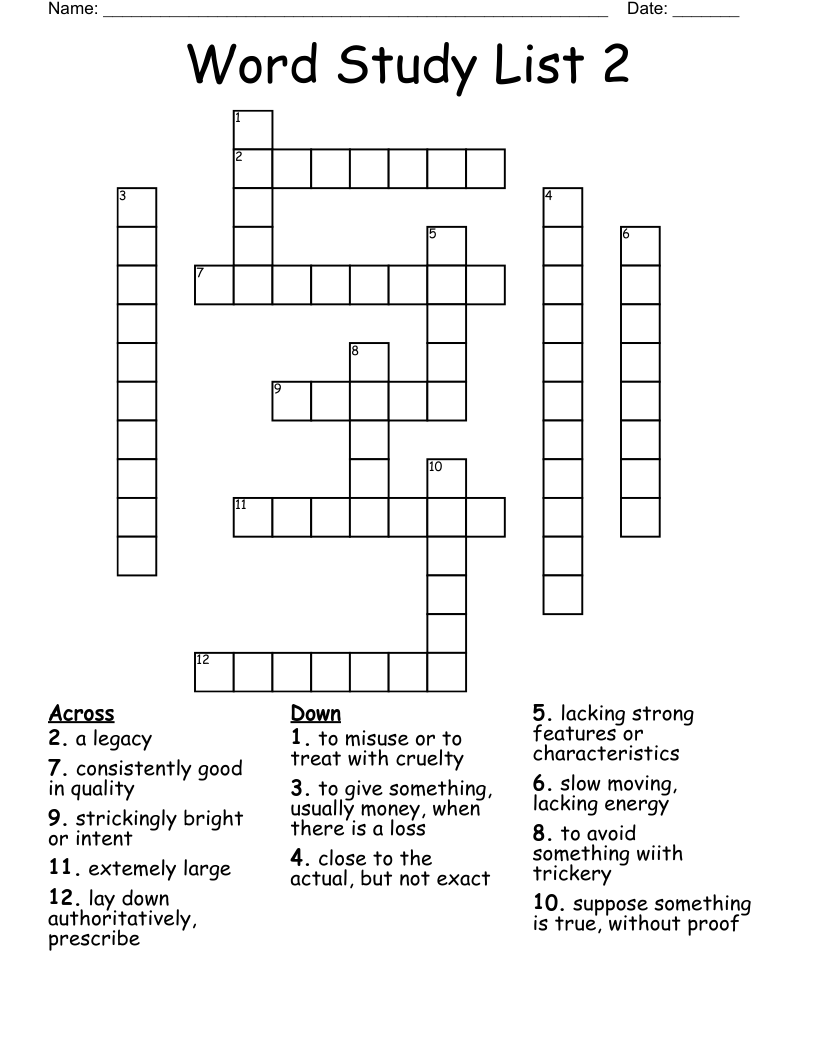 Word Study List 2 Crossword