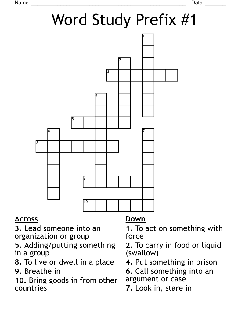 Word Study Prefix #1 Crossword