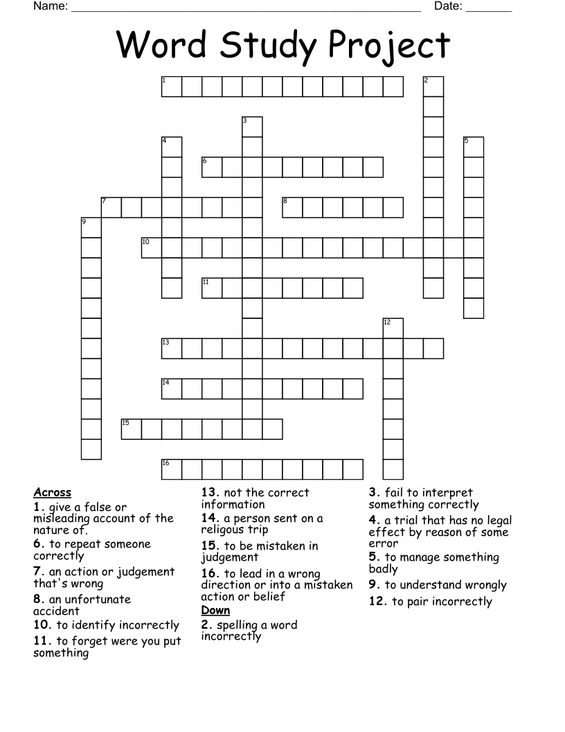 Word Study Project  Crossword