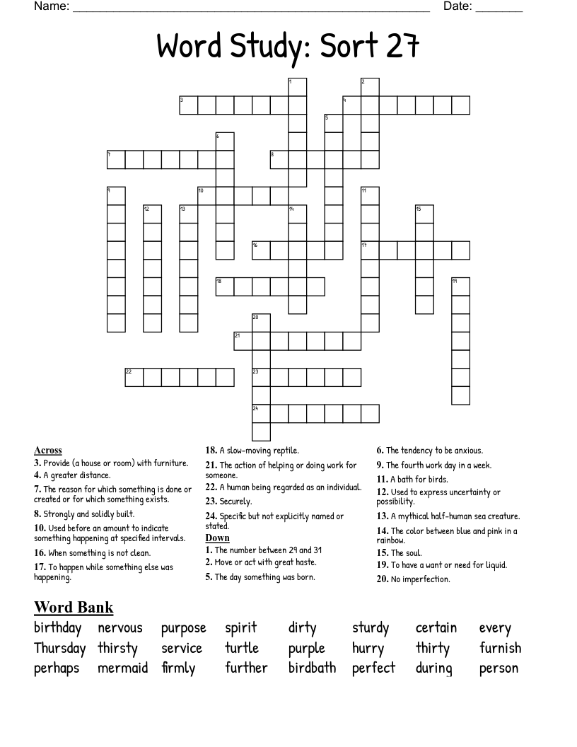 Word Study: Sort 27  Crossword