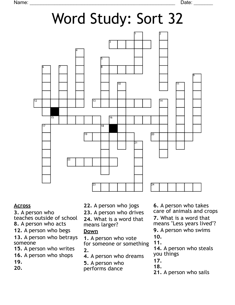 Word Study: Sort 32 Crossword