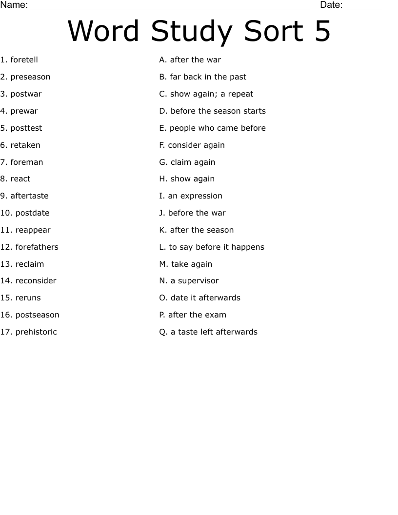 Word Study Sort 5 Worksheet