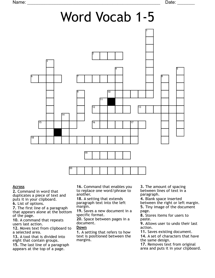 Word Vocab 1-5 Crossword