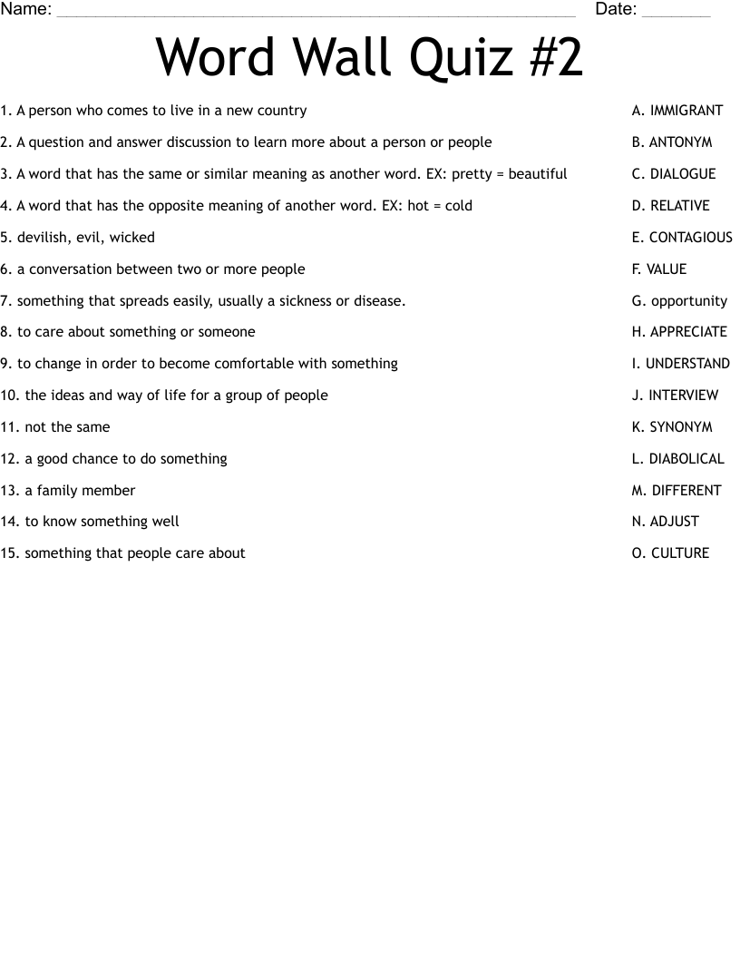 Word Wall Quiz #2 Worksheet