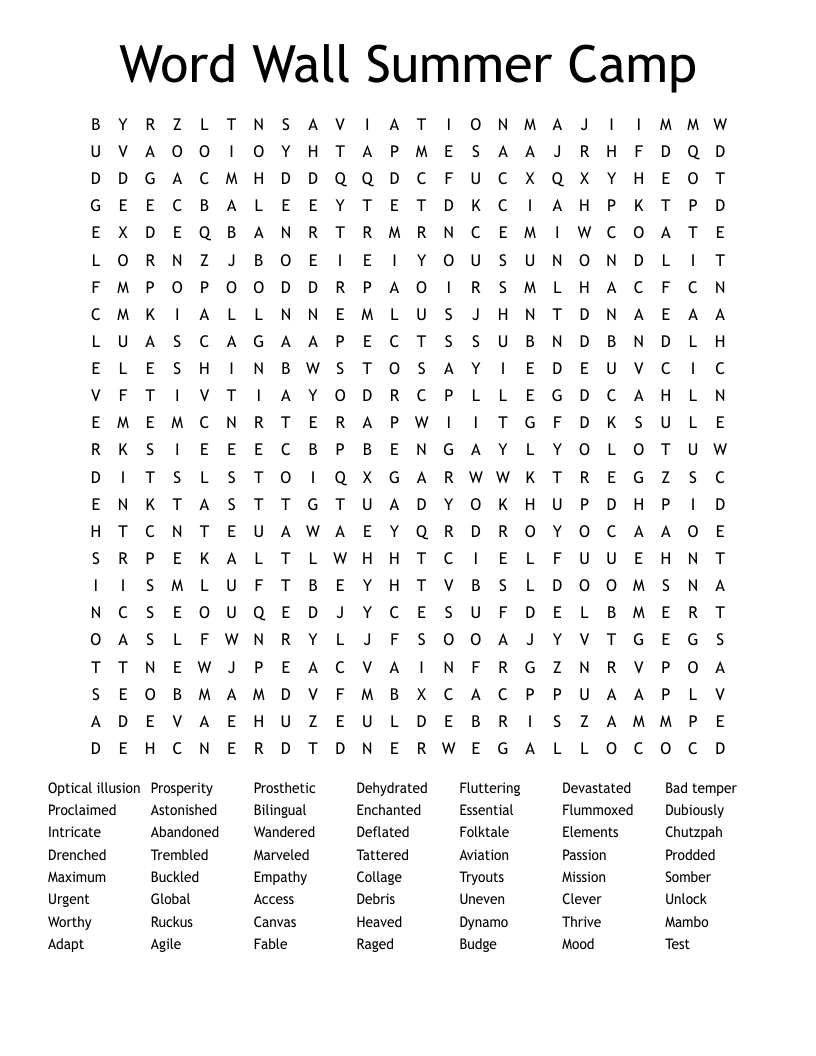 Word Wall Summer Camp Word Search