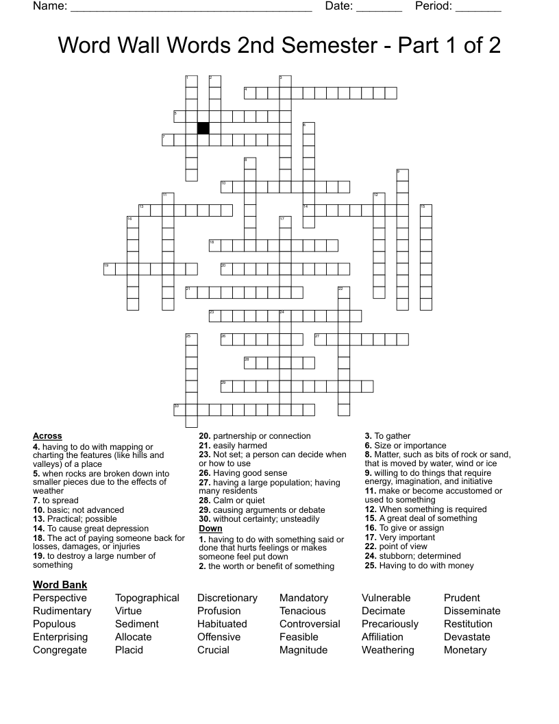 Word Wall Words 2nd Semester - Part 1 of 2 Crossword