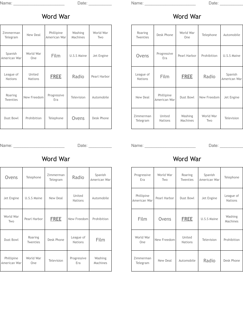 Word War Bingo Cards
